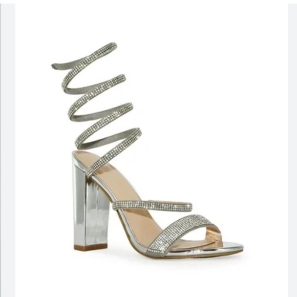 Windsor Rhinestone Spiral Wrap Silver High Block Heel Sandals  Shoes Size 8 - Picture 1 of 12